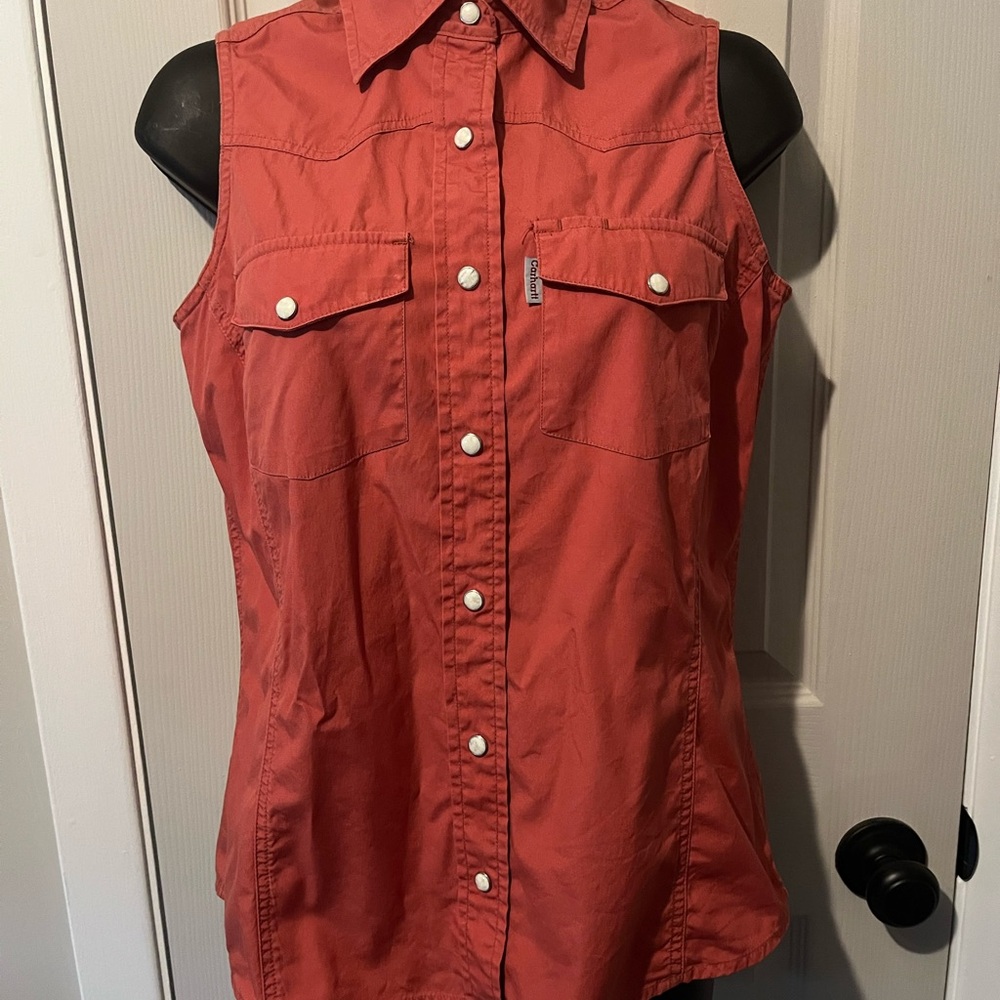 Carhartt Orange Sleeveless Button Down Shirt Notched Collar